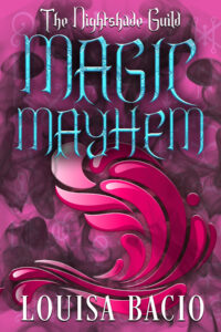 Pink cover with a darker pink wave. Magic Mayhem by Louisa Bacio